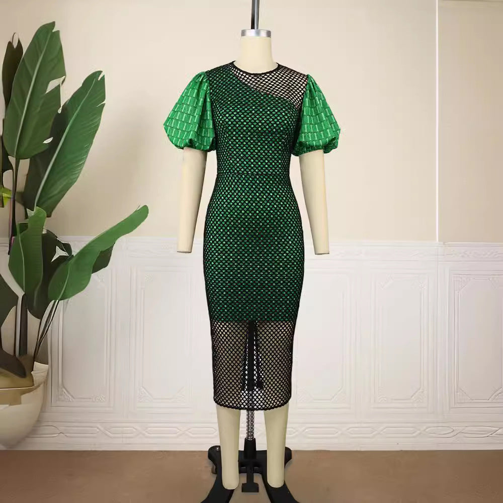 Damen figurbetontes Kleid mit innovativem Netzdesign und voluminösen Puffärmeln EB