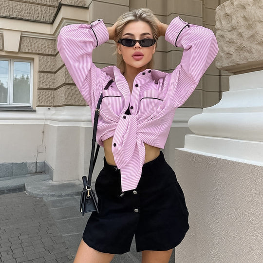 Damen Oversized Hemdjacke mit strukturiertem Design und gestreiften Muster EB