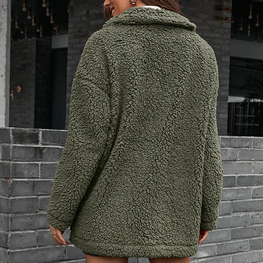Damen kuschelige Teddyjacke mit asymmetrischem Revers und praktischen Taschen EB