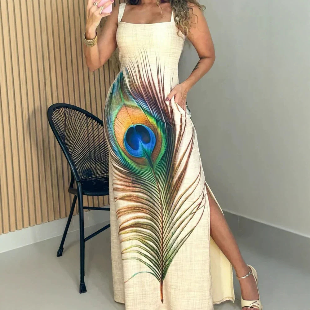 Damen Maxikleid mit grafischem Pfauenfeder-Druck und praktischen Seitentaschen EB