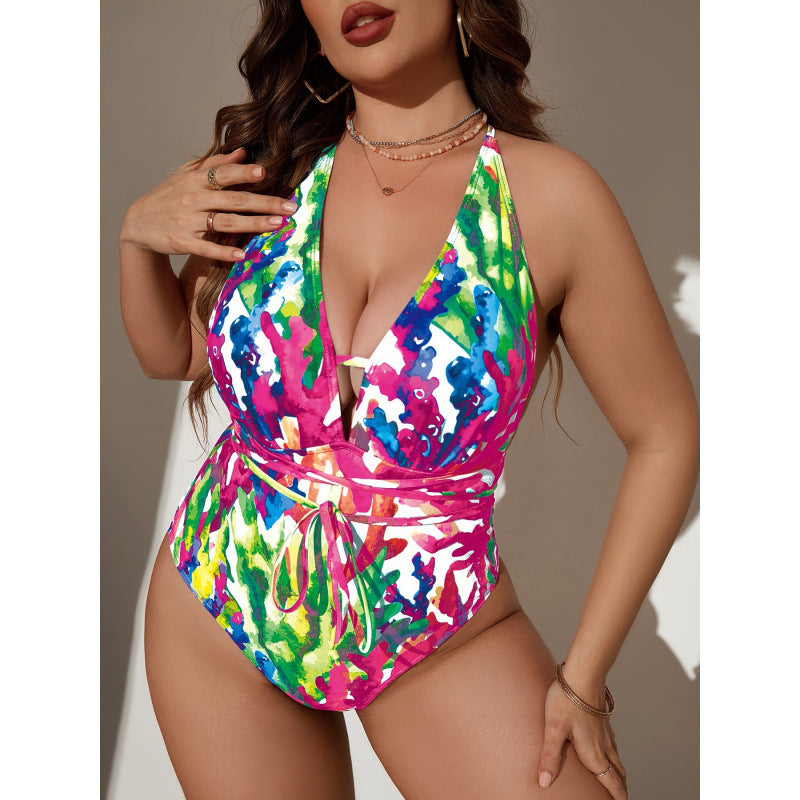 Damen Einteiler Badeanzug mit floralem Wickeldesign und verstellbarem Bindeband EB