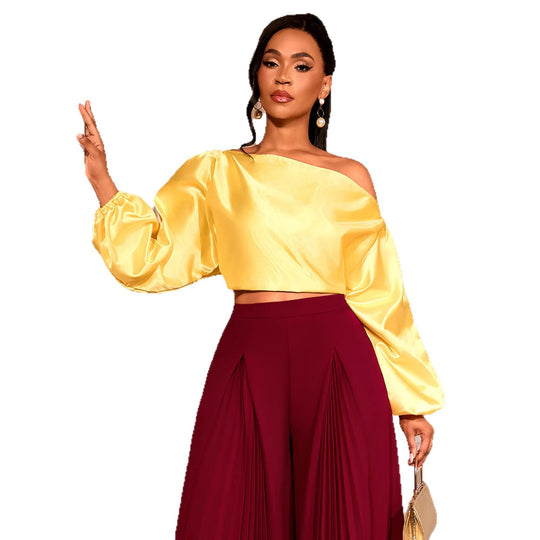Damen elegantes asymmetrisches Oberteil mit voluminösen Puffärmeln EB