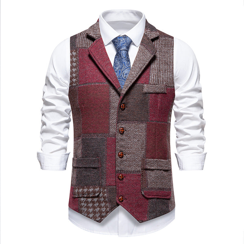 Herren nan Patchwork Weste mit Reverskragen Knopfleiste und aufgesetzten Taschen EB