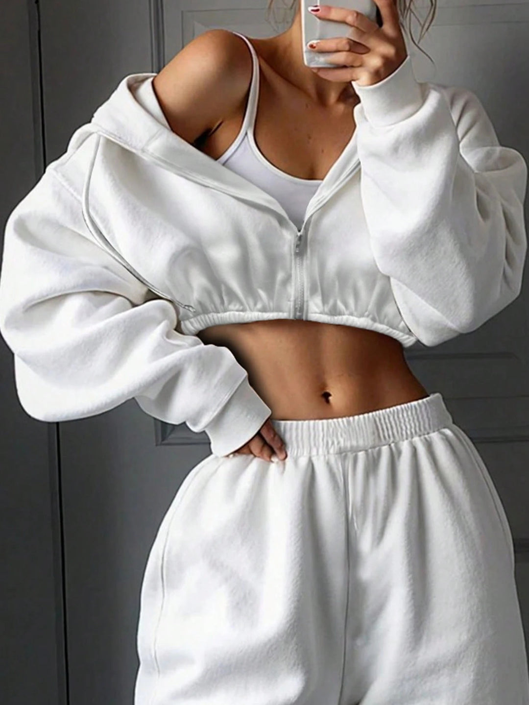 Damen nan kurzes Zip-Hoodie Cropped Sweatshirt mit Kordelzug, angesetzten Ballonärmeln und elastischem Saum EB