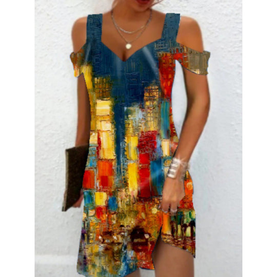 Damen Off-Shoulder Sommerkleid mit schwingendem Saum und aufregendem Spiraldesign EB