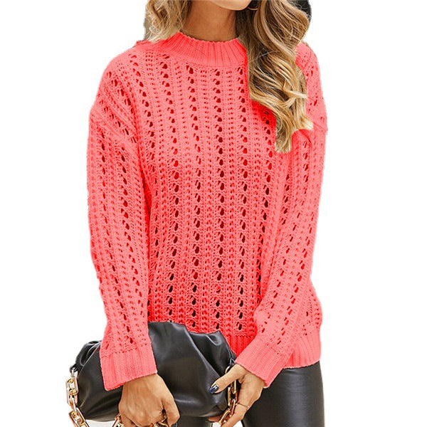 Damen luftiger Strickpullover mit Lochmuster und modernem Stehkragen EB