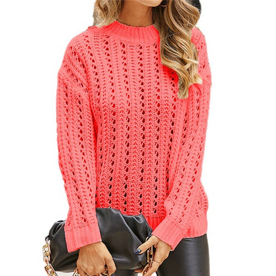 Damen luftiger Strickpullover mit Lochmuster und modernem Stehkragen EB