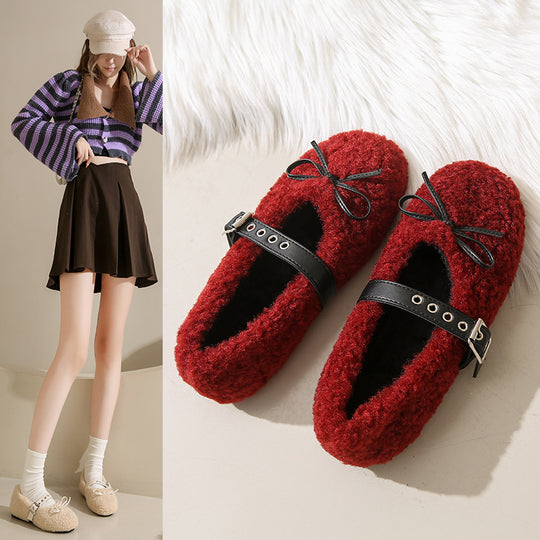 Damen Ballerinas aus kuscheligem Stoff mit verstellbarem Riemen und Schleifen-Applikation EB