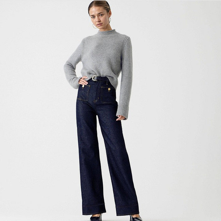 Damen nan High-Waist Wide-Leg-Jeans mit aufgesetzten Fronttaschen und weitem Bein EB