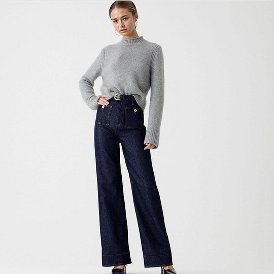 Damen nan High-Waist Wide-Leg-Jeans mit aufgesetzten Fronttaschen und weitem Bein EB