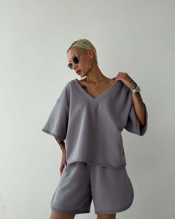 Damen lässiges Oberteil und Shorts-Set mit V-Ausschnitt und weitem Schnitt EB