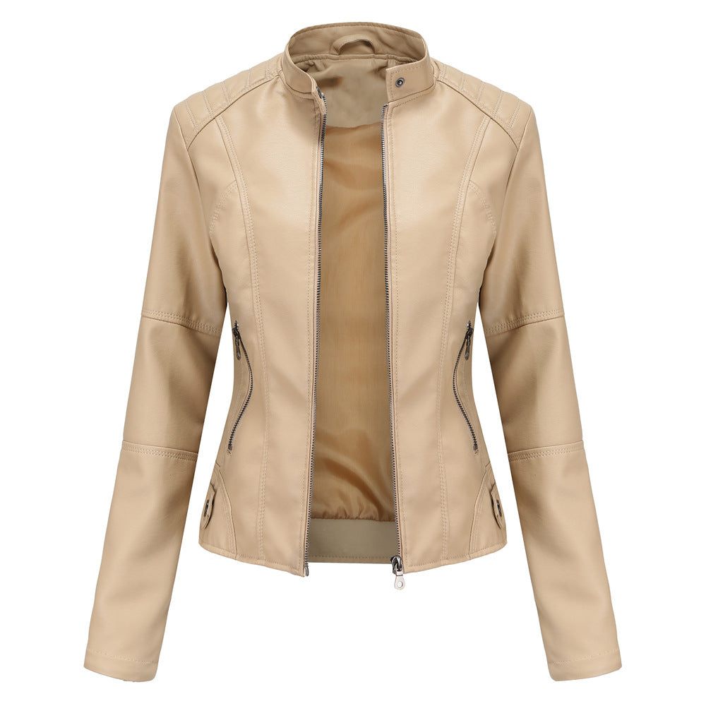 Damen nan schlanke Kunstlederjacke im Bikerstil mit Stehkragen und formenden Abnähern EB