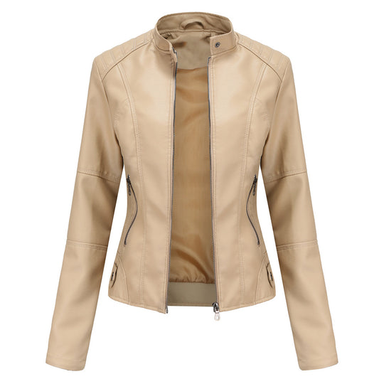Damen nan schlanke Kunstlederjacke im Bikerstil mit Stehkragen und formenden Abnähern EB