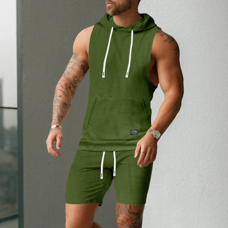 Herren nan ärmelloses Kapuzenweste-Set aus strukturiertem Baumwollmix mit Kängurutasche und Tunnelzug-Shorts EB