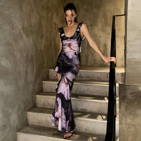 Damen Elegantes Maxikleid mit floralem Design und zarten Rüschendetails EB