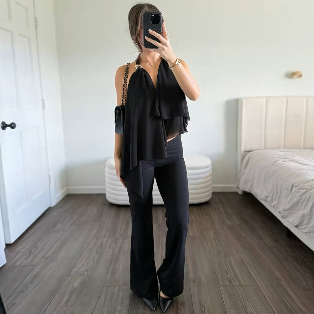 Damen Fließendes Chiffon-Oberteil mit elegantem V-Ausschnitt und Raffungen EB