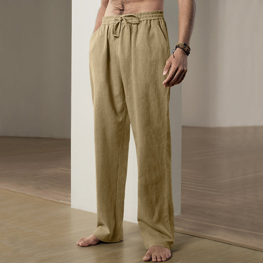 Herren nan weiche Leinen-Baumwoll Loungehose mit elastischem Tunnelzugbund, Seitentaschen und entspanntem geradem Bein EB