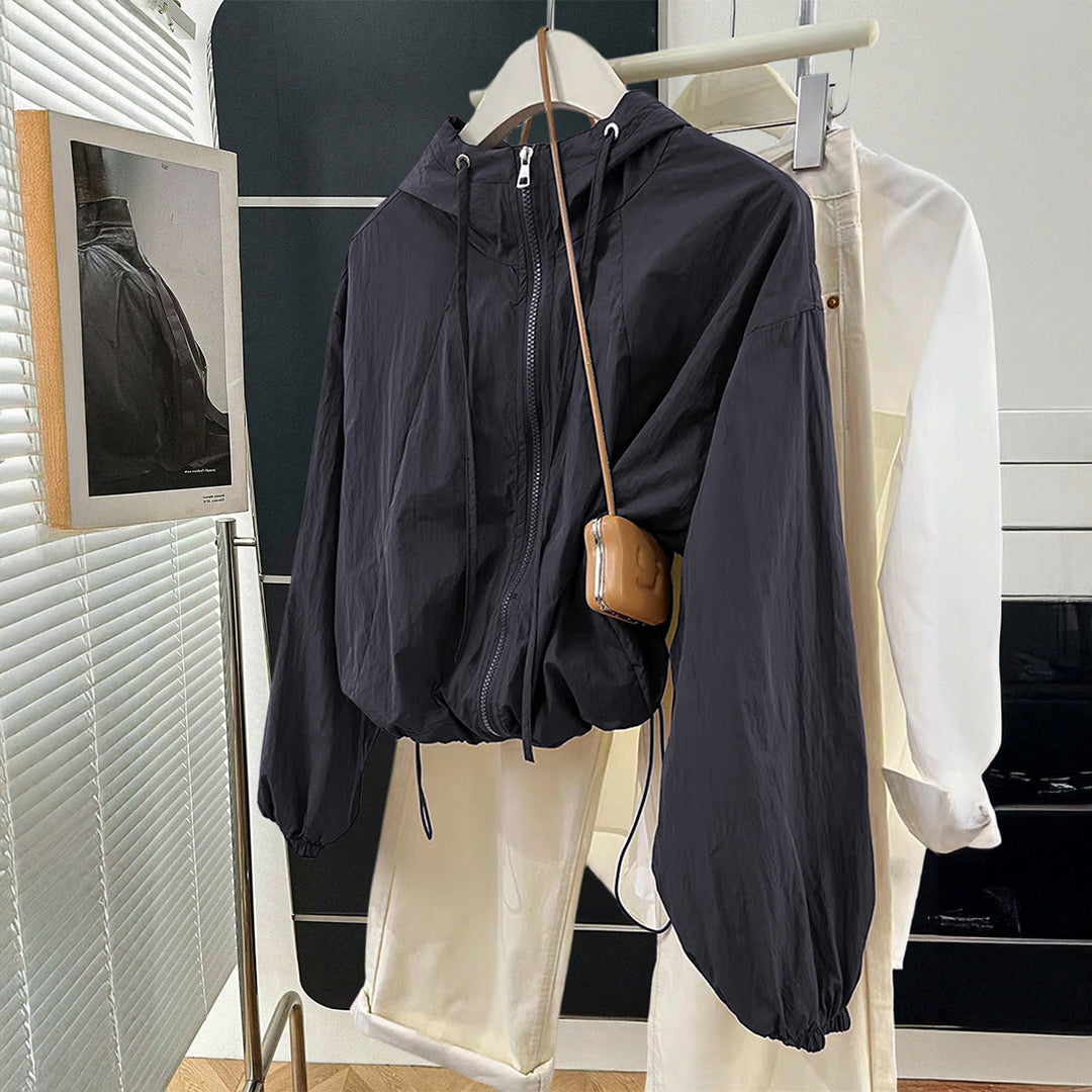 Damen nan leichtgewichtige Kapuzen-Übergangsjacke mit Tunnelzugbündchen und Ballonärmeln EB