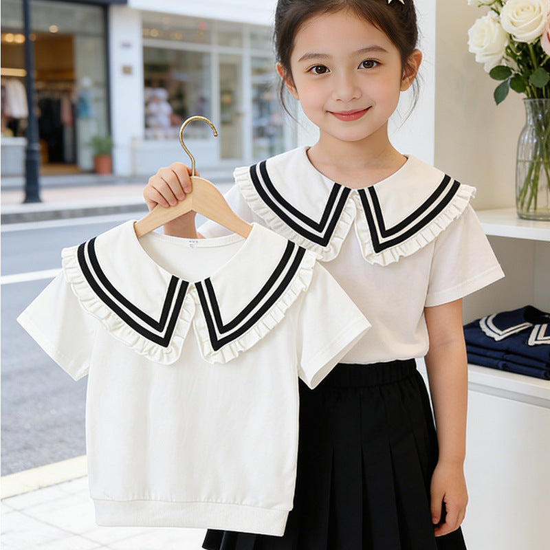 Mädchen T-Shirt mit elegantem Rüschenkragen und maritimem Streifen EB