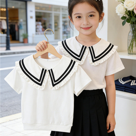 Mädchen T-Shirt mit elegantem Rüschenkragen und maritimem Streifen EB