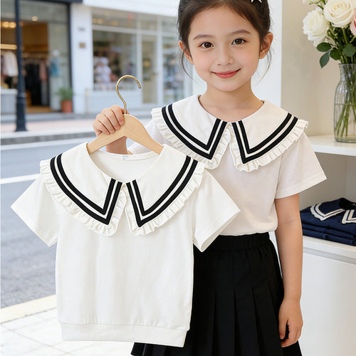 Mädchen T-Shirt mit elegantem Rüschenkragen und maritimem Streifen EB