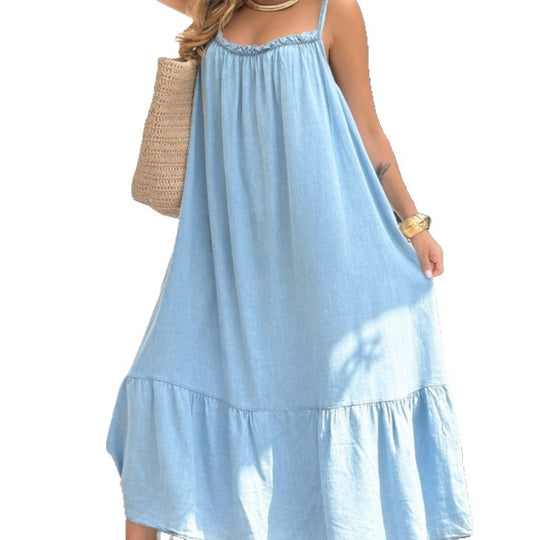 Damen Maxikleid aus leichtem Denim mit Rüschendetail EB