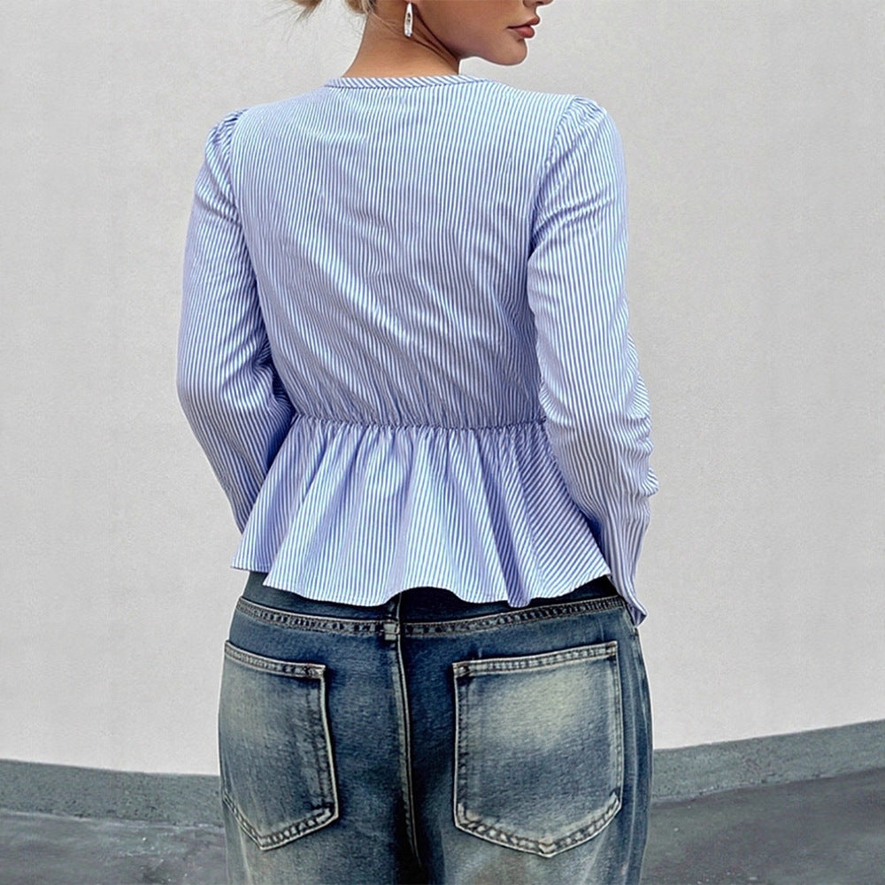 Damen cropped Bluse mit verspielten Rüschendetails und bindbarem Krawattenverschluss EB