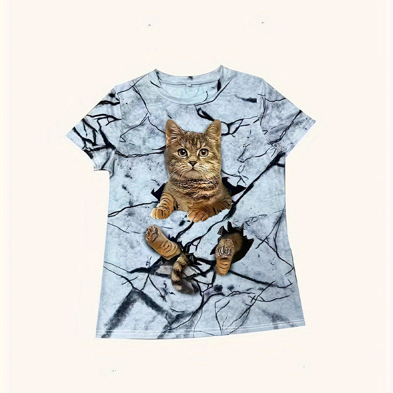 Damen T-Shirt mit 3D-Katzenmotiv und kreativem Rissdesign EB