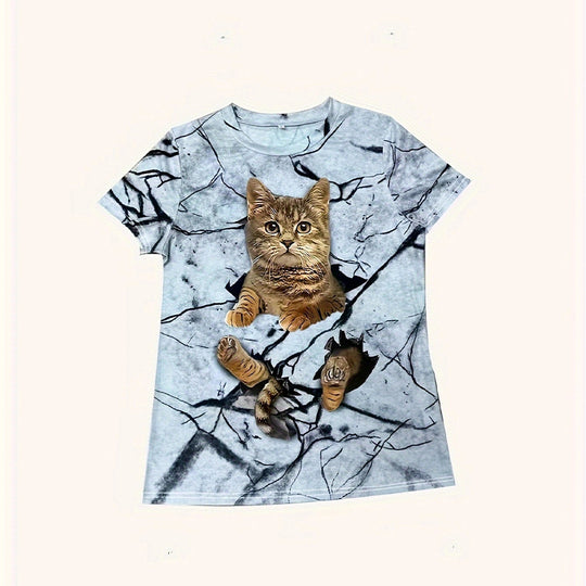 Damen T-Shirt mit 3D-Katzenmotiv und kreativem Rissdesign EB