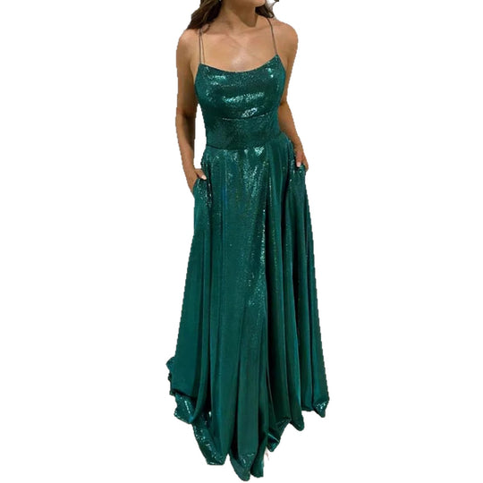 Damen Glamouröses Abendkleid mit funkelndem Satin und schwingendem Rock EB