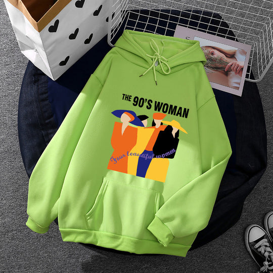 Damen nan weit geschnittener Kapuzenpullover mit Neunzigerjahre-Illustrationsprint, angerautem Fleece und Kängurutasche EB
