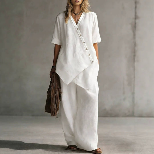 Damen Leinen-Zweiteiler mit asymmetrischer Knopfleiste und weiter Palazzo-Hose EB