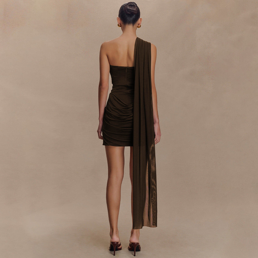 Damen Cocktailkleid mit asymmetrischem Oberteil und elegantem Drapierungsdesign EB