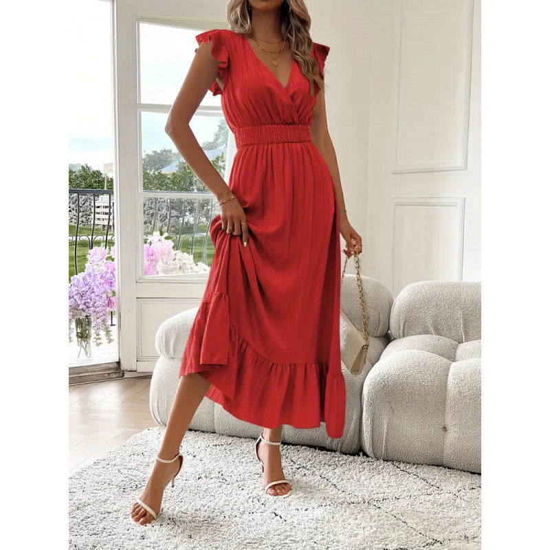 Damen Maxikleid mit voluminösen Rüschenärmel und elegantem Bund EB