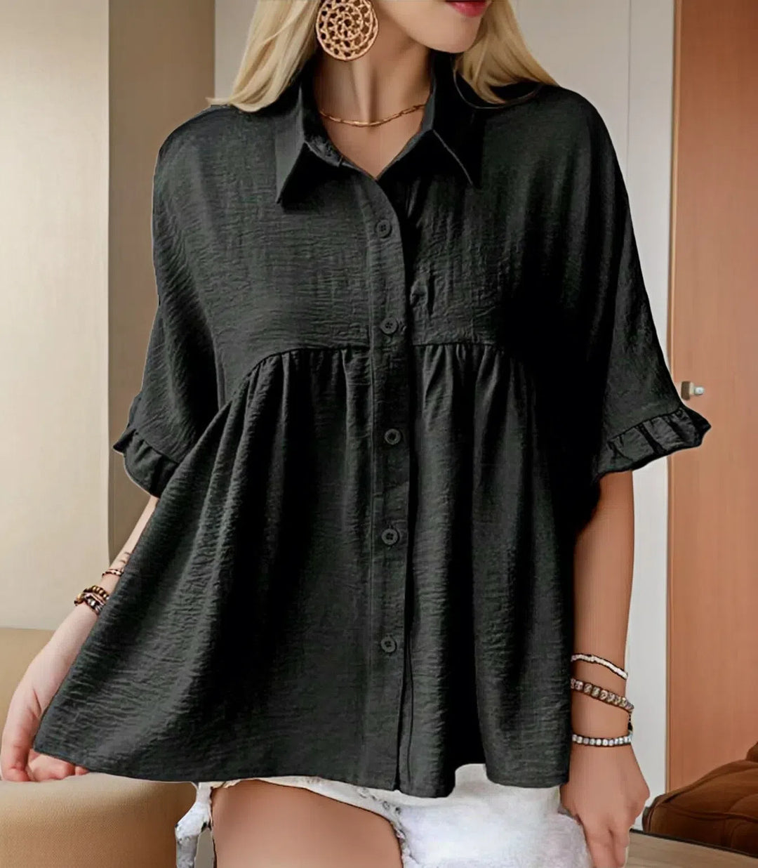 Damen Fließendes Kurzarmblusenshirt mit Rüschendetails EB