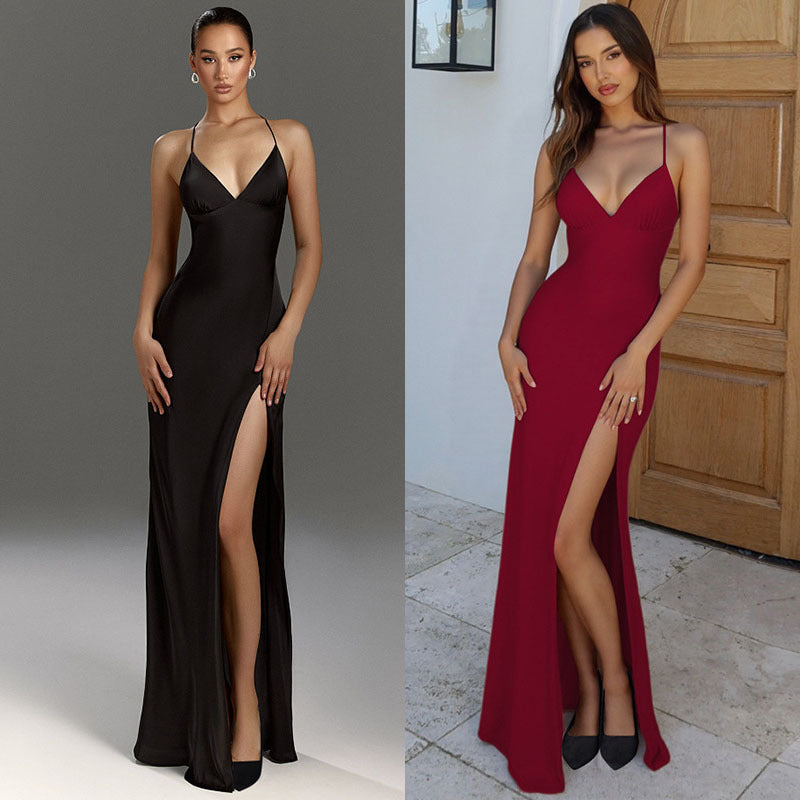 Damen Elegantes Abendkleid mit tiefem V-Ausschnitt und seitlichem Schlitz EB