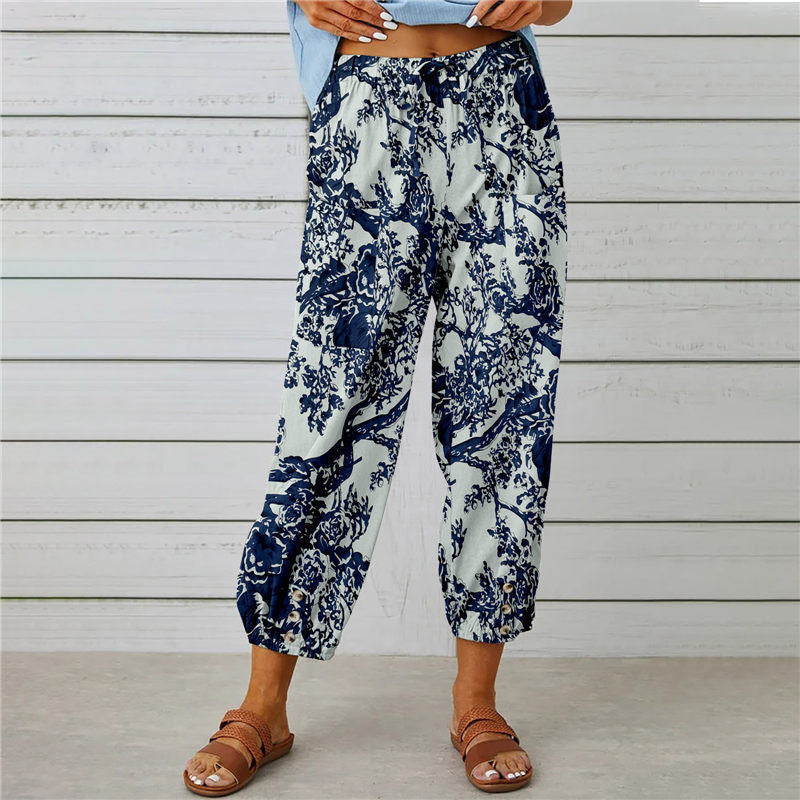 Damen lässige Pant mit floralem Druck und praktischen Knöpfen EB