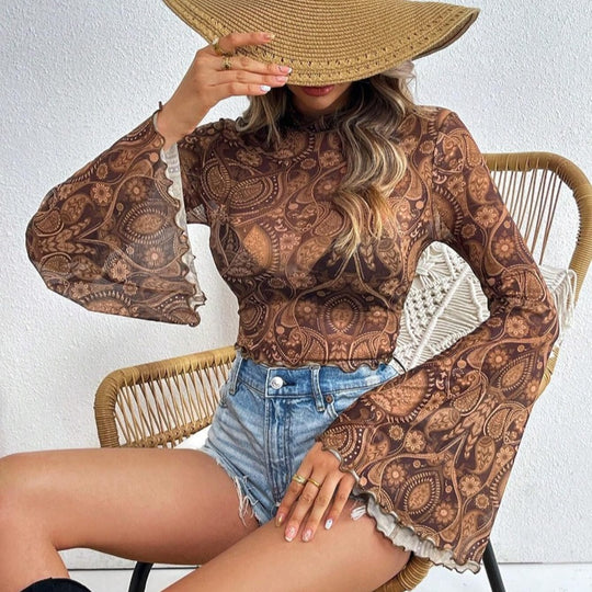 Damen modisches Langarm-Top mit weit geschnittenen Ärmeln und edlem Paisley-Muster EB