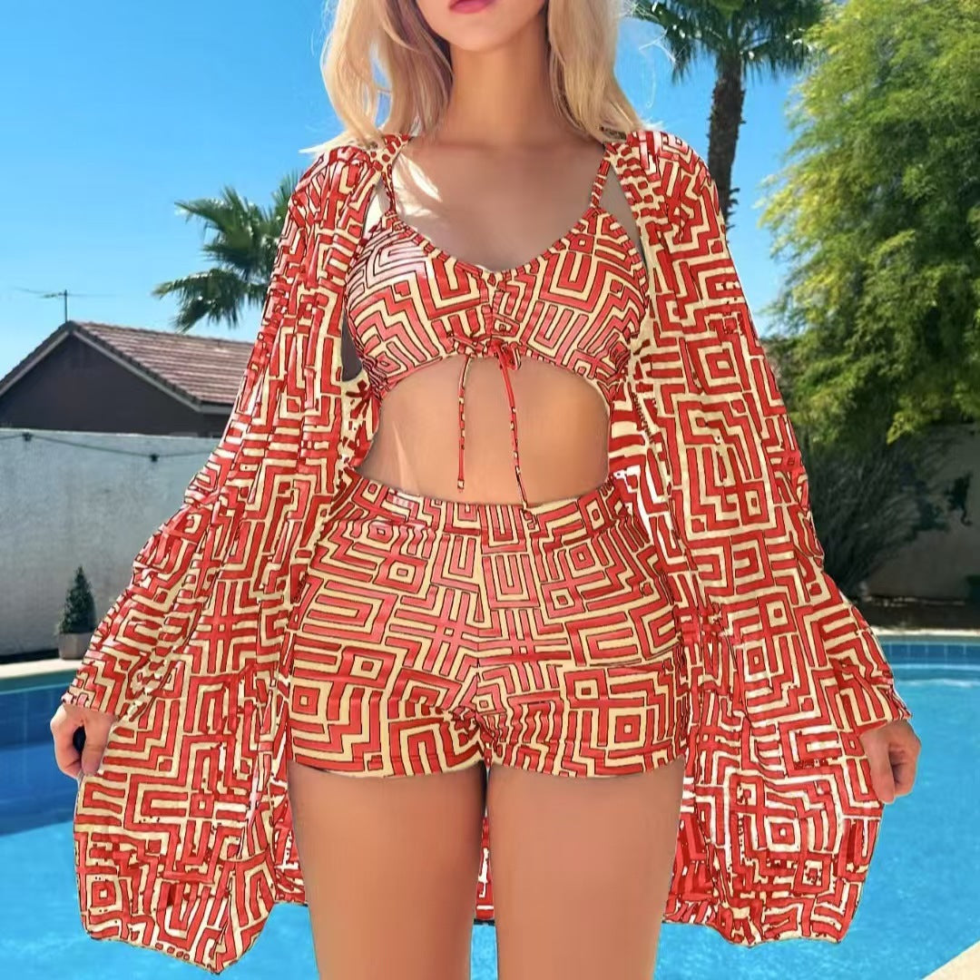Damen modisches Bikini-Set mit geometrischen Mustern und transparenter Strandjacke EB