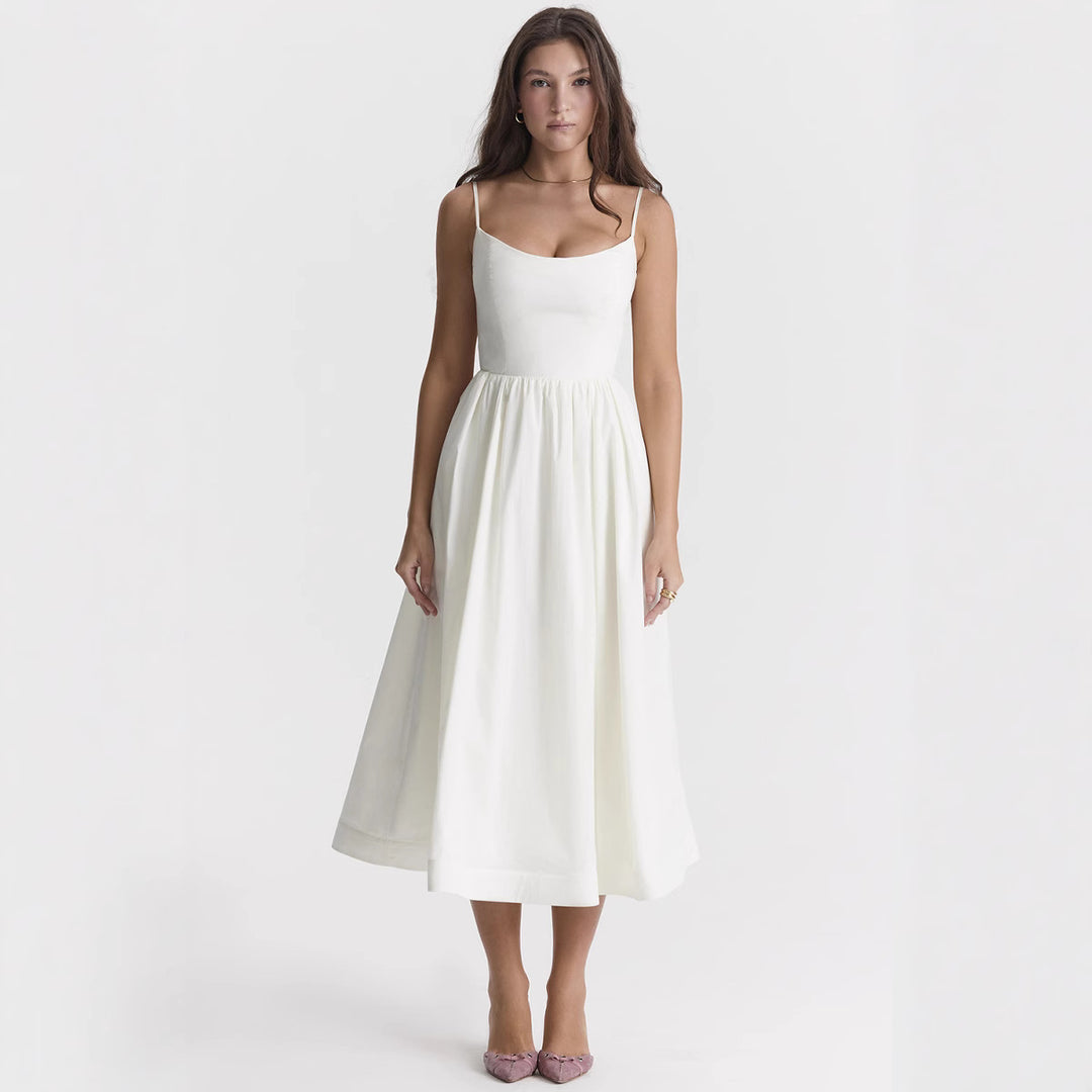 Damen elegantes Midikleid mit Spaghetti-Trägern und fließendem Rock EB