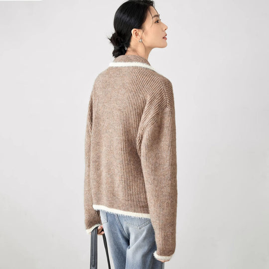 Damen Flauschiger Strickcardigan mit praktischen Taschen und hohem Kragen EB