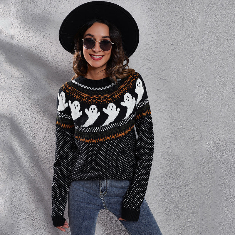 Damen Strickpullover mit gruseligem Geister-Motiv EB