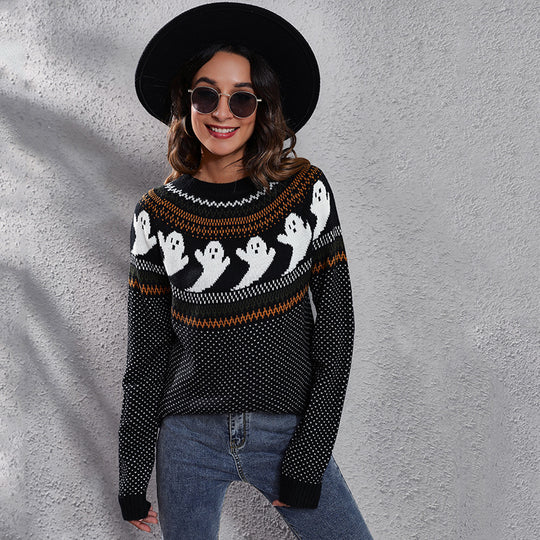Damen Strickpullover mit gruseligem Geister-Motiv EB