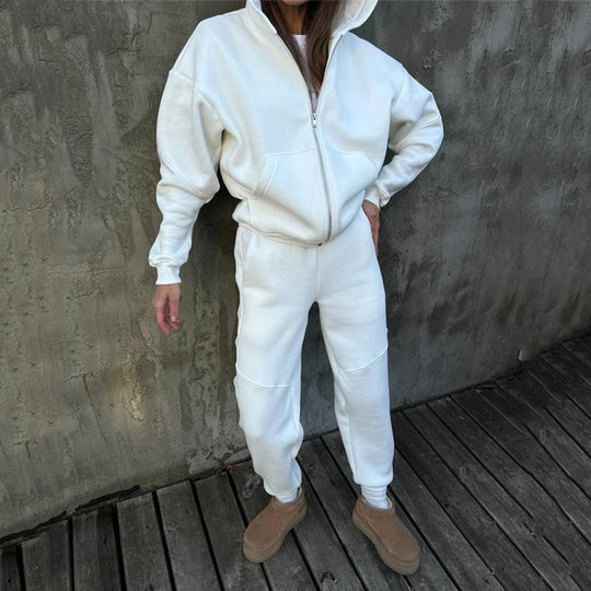 Damen kurzes Zip-Hoodie und hochtaillierte Komfort-Jogginghose-Set aus weichem Fleece EB