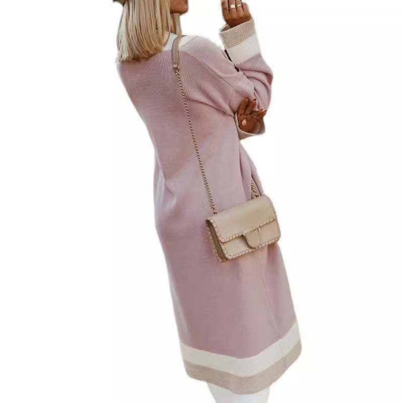 Damen lange Strickjacke mit Farbblockdesign und offenen Front EB