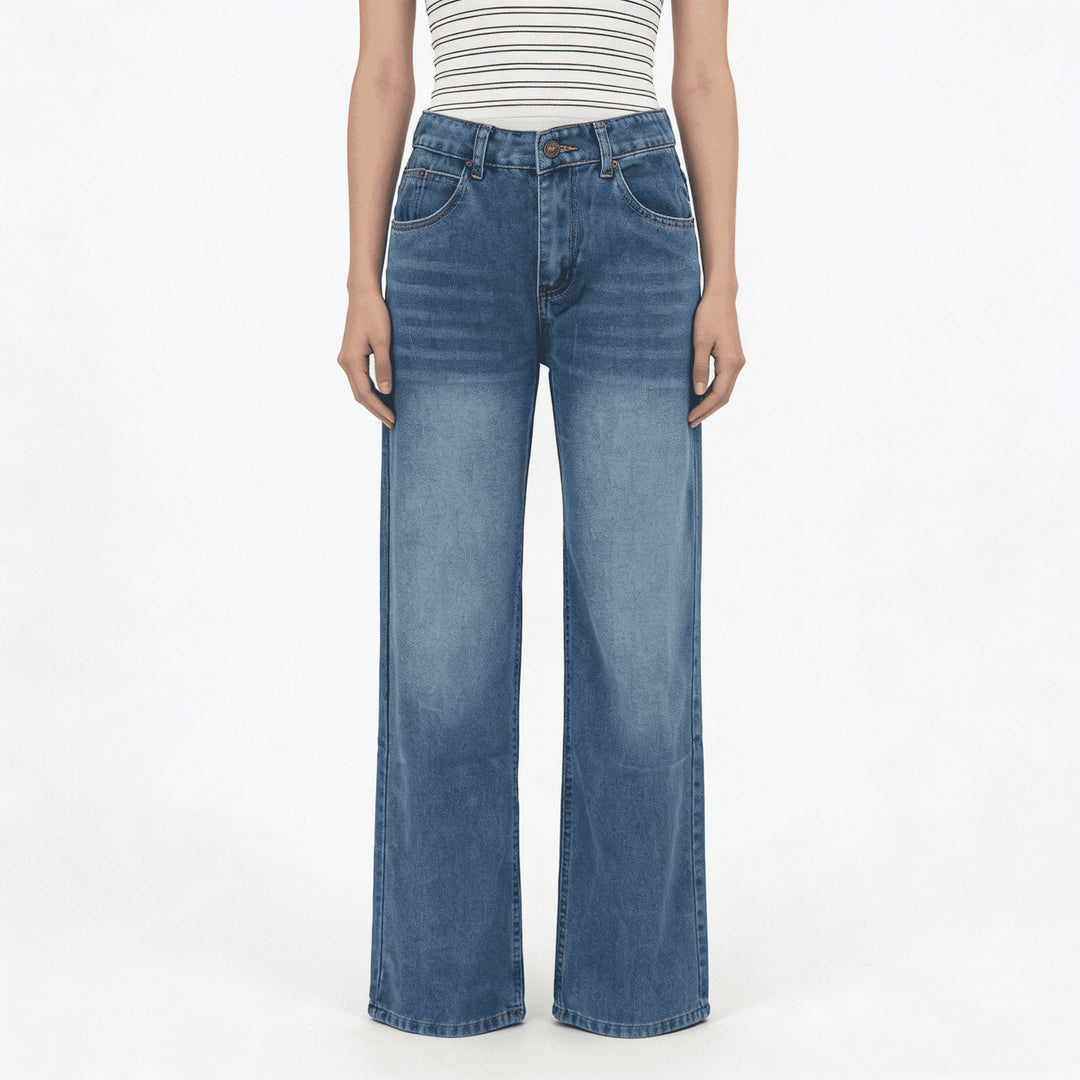 Damen nan hochgeschnittene Weitbein-Jeans mit tonaler Seitennaht und verwaschenem Verlauf EB