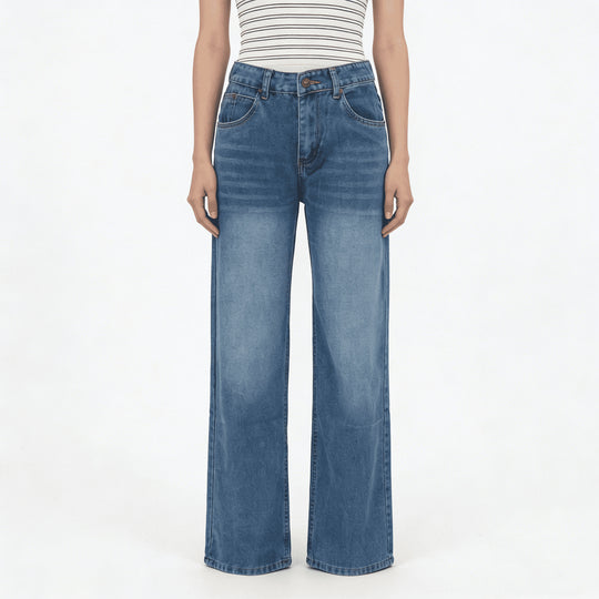 Damen nan hochgeschnittene Weitbein-Jeans mit tonaler Seitennaht und verwaschenem Verlauf EB