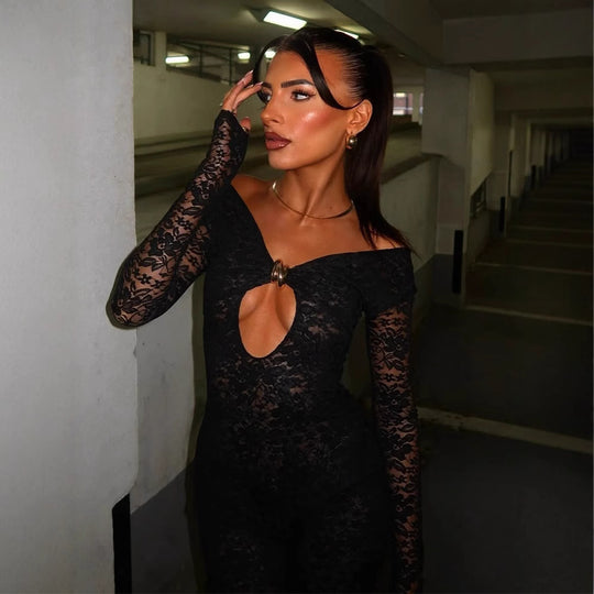 Damen Eleganter Lace-Bodysuit mit tiefem V-Ausschnitt und langen Ärmeln EB