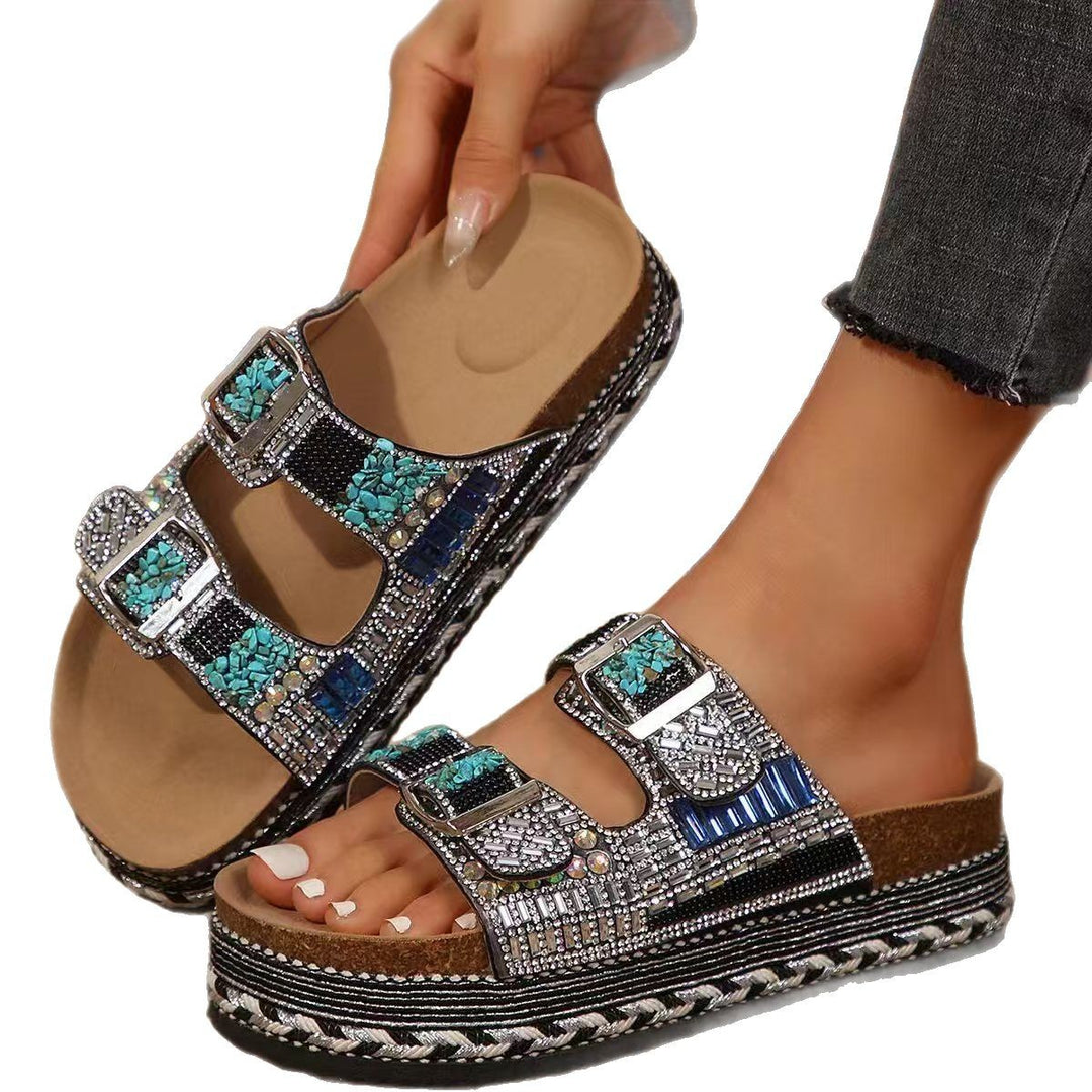 Damen Bequeme Riemensandalen mit Funkelnden Akzenten und Verstellbaren Riemen EB
