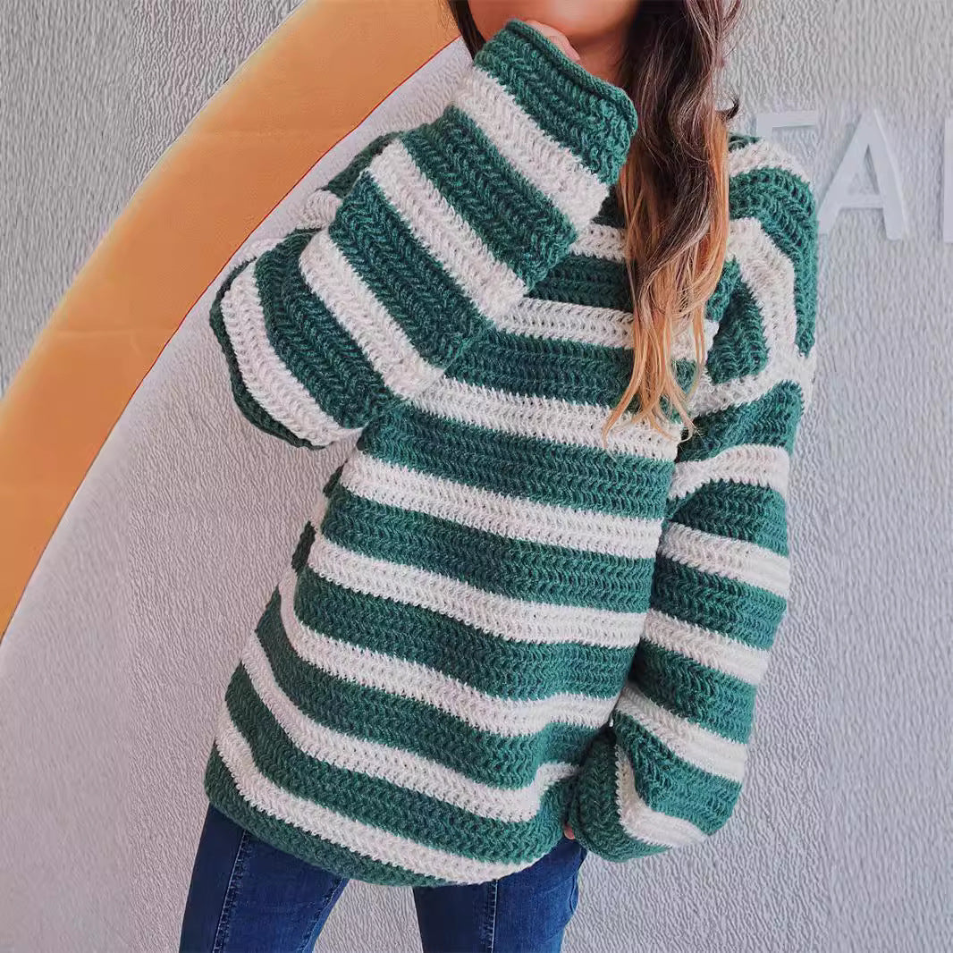 Damen lässiger Strickpullover mit blockierendem Streifenmuster und weitem Schnitt EB